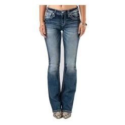 MISS ME Women's Mid-Rise Aztec Brushed Across Embellished Boot Cut 34in Jeans With Faux Flap Pockets (M3444B55)