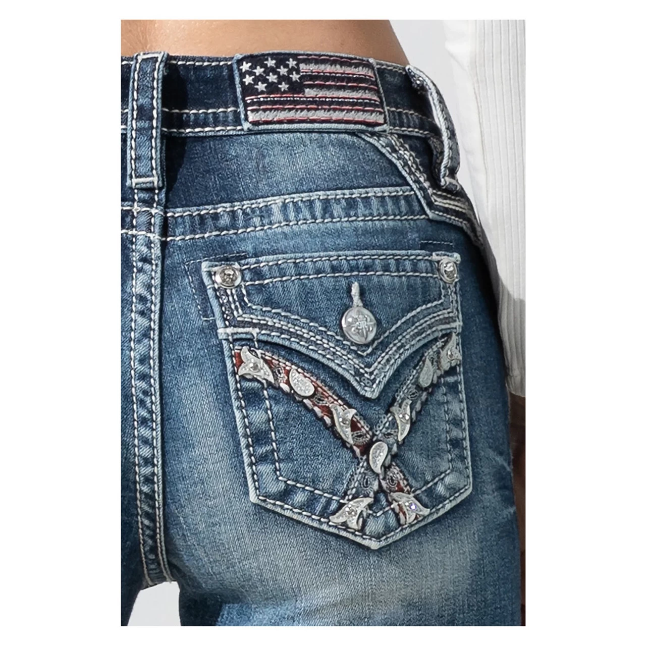 MISS ME Women's Medium Wash Mid-Rise Embroidered Paisley Distressed Bootcut 34in Dark Blue Jeans (M3444B70) - Image 4