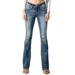 MISS ME Women's Medium Wash Mid-Rise Embroidered Paisley Distressed Bootcut 34in Dark Blue Jeans (M3444B70)