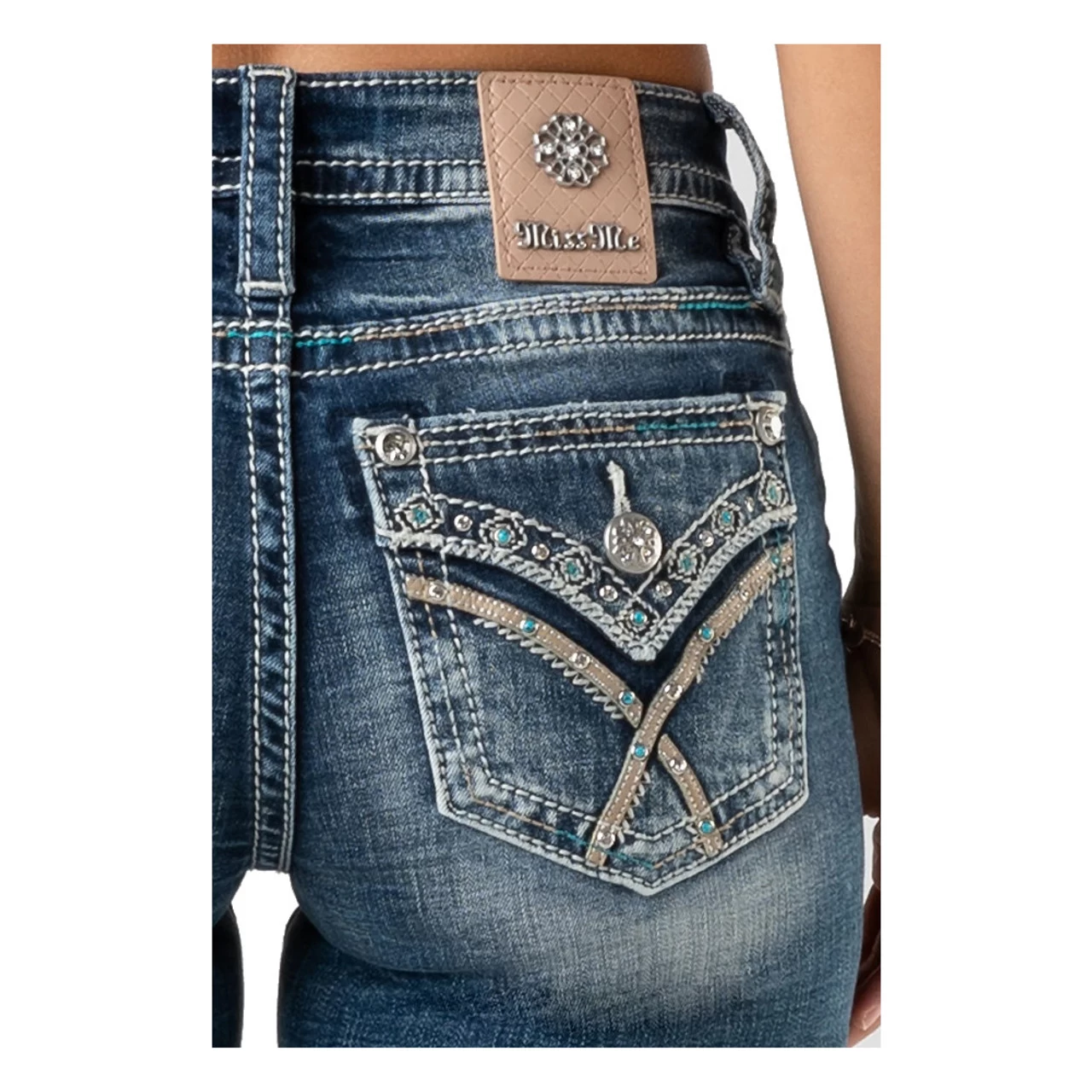 MISS ME Women's Mid-Rise Aztec Brushed Across Embellished Boot Cut 34in Jeans With Faux Flap Pockets (M3444B55) - Image 3