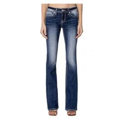 MISS ME Women's Mid-Rise Studded Flower Dream Catcher Embellished Bootcut 34in Dark Blue Jeans (M3952B)