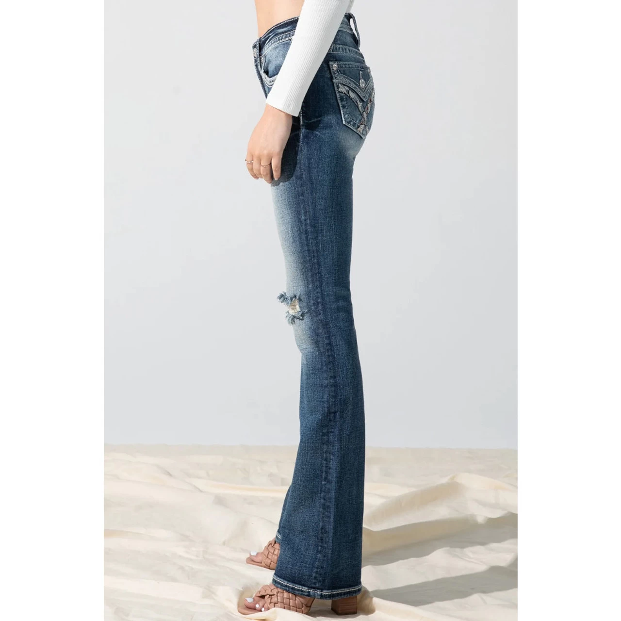 MISS ME Women's Medium Wash Mid-Rise Embroidered Paisley Distressed Bootcut 34in Dark Blue Jeans (M3444B70) - Image 3