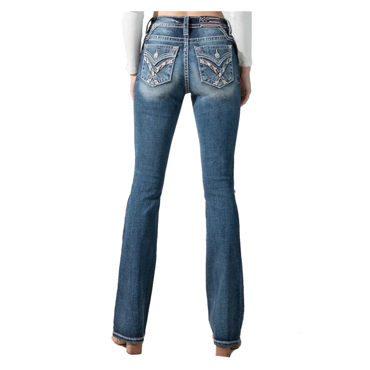 MISS ME Women's Medium Wash Mid-Rise Embroidered Paisley Distressed Bootcut 34in Dark Blue Jeans (M3444B70) - Image 2